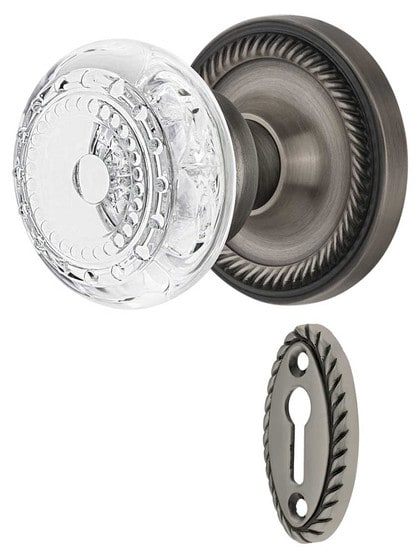Rope Rosette Mortise-Lock Set with Meadows Crystal-Glass Knobs in Antique Pewter.